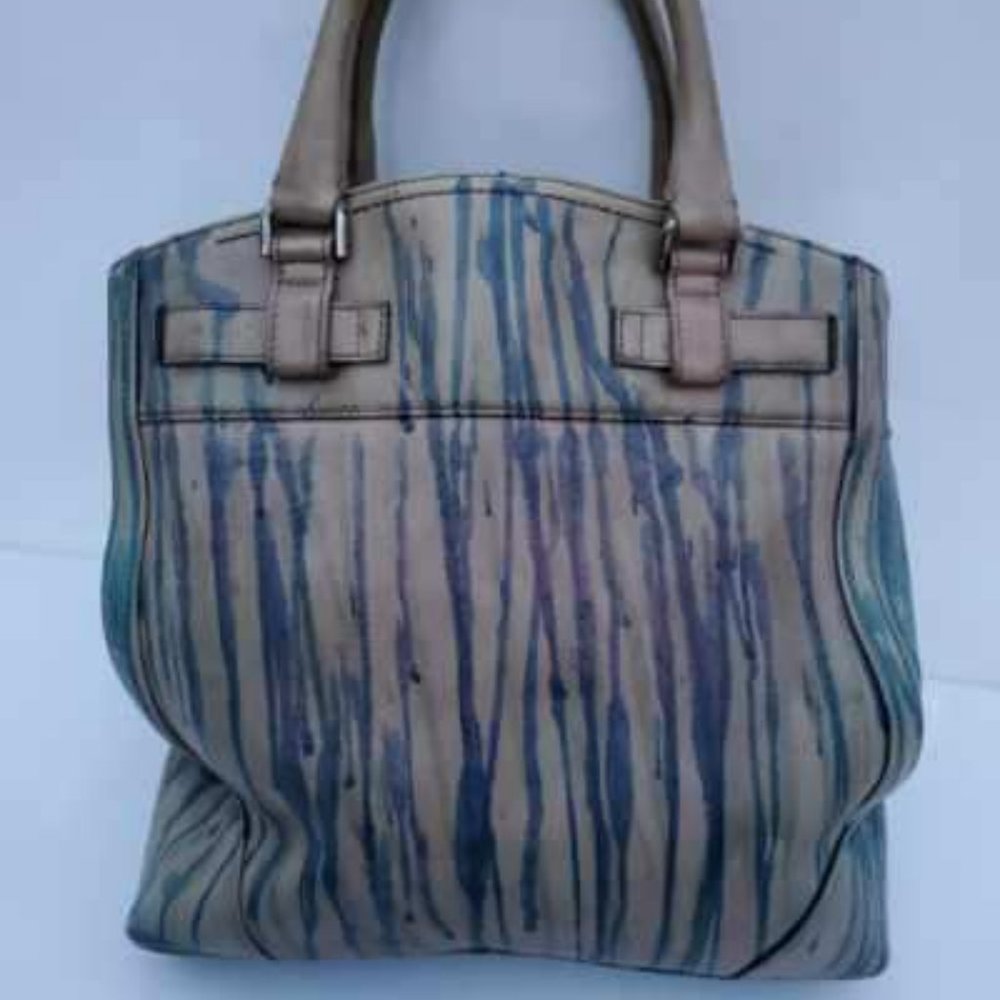 Ferragamo leather tote bag painted XL purse gray green brown beige blue stripes - Picture 6 of 16